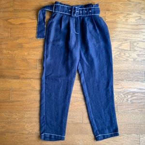 Moon River Navy Paper Bag Waist Cropped Trouser w/ Belt Linen Blend Size Small